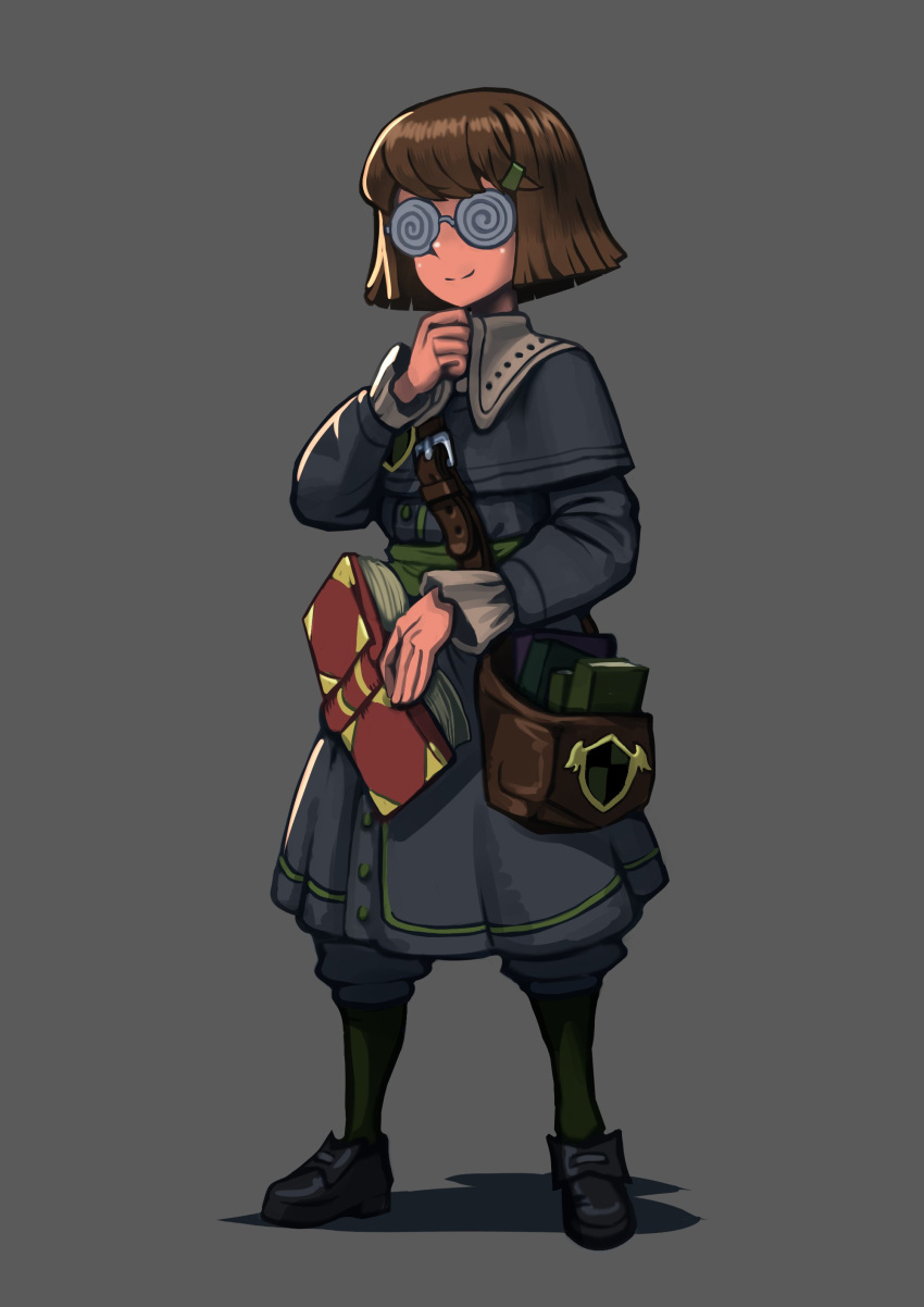 1girl, absurdres, bag, book, coke-bottle_glasses, commission, commissioner_upload, darkest_dungeon
