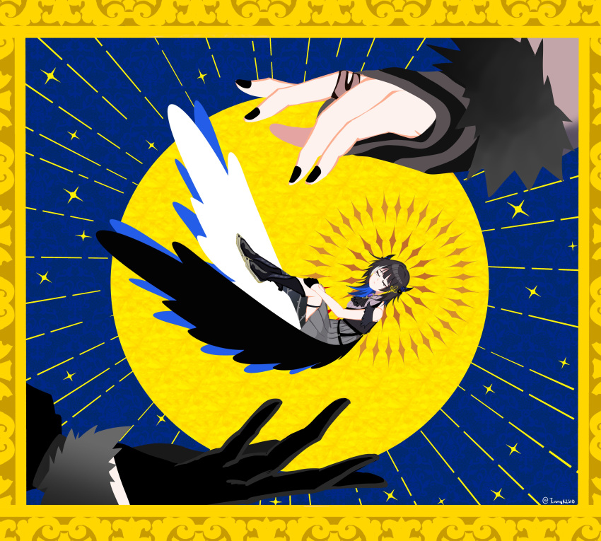 3girls, absurdres, ascot, black_ascot, black_footwear, black_gloves, black_hair, black_horns