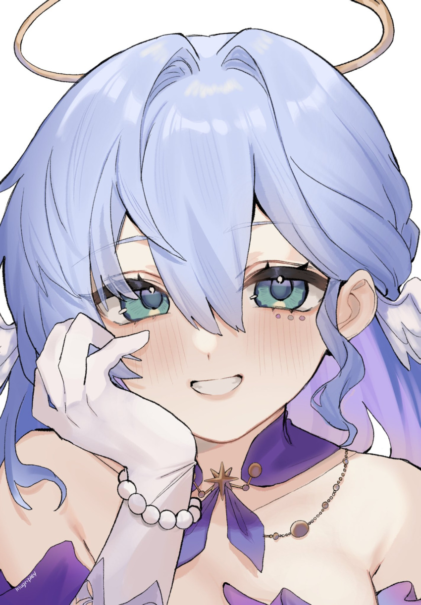 1girl, aqua_eyes, artist_name, bare_shoulders, bead_bracelet, beads, blue_hair, bracelet