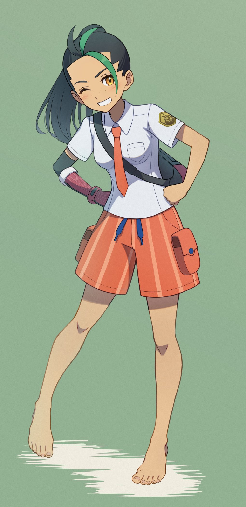 1girl, awokani, backpack, bag, bare_legs, barefoot, black_hair, breast_pocket, closed_mouth, collared_shirt, dark-skinned_female, dark_skin, eyelashes, freckles, full_body, gloves, green_background, green_hair, grin, hands_on_own_hips, highres, long_hair, looking_at_viewer, multicolored_hair, naranja_academy_school_uniform, necktie, nemona_(pokemon), one_eye_closed, orange_eyes, orange_necktie, orange_shorts, pocket, pokemon, pokemon_sv, ponytail, school_uniform, shirt, short_sleeves, shorts, simple_background, single_glove, smile, solo, streaked_hair, toenails, toes, twitter_username, two-tone_hair, white_shirt