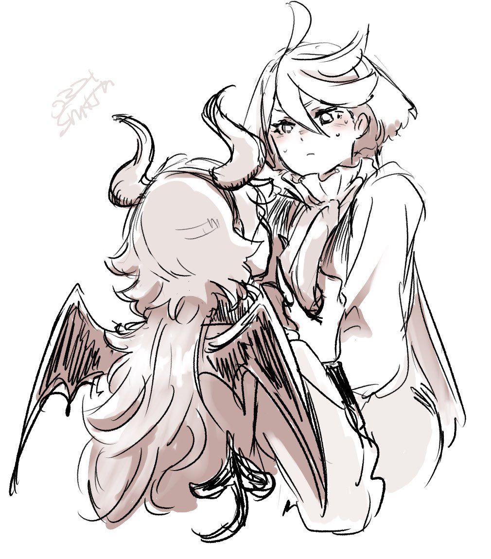 0321smith, 2girls, blush, claws, demon_girl, demon_horns, demon_tail, demon_wings