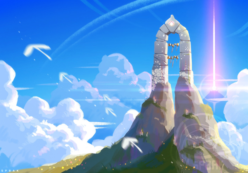 arch, artist_name, bird, blue_sky, blurry, blurry_foreground, chinese_commentary, clouds