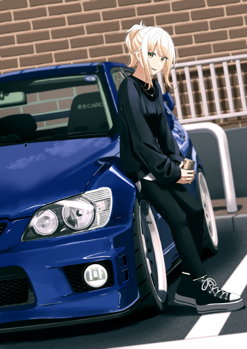 1girl, absurdres, black_footwear, black_sweater, blonde_hair, blue_car, breasts, brick_wall