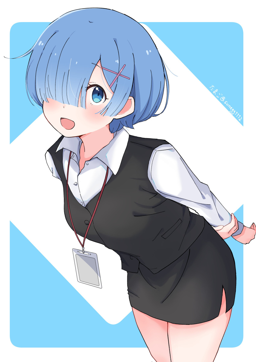1girl, :d, absurdres, arms_behind_back, artist_name, black_skirt, black_vest, blue_eyes