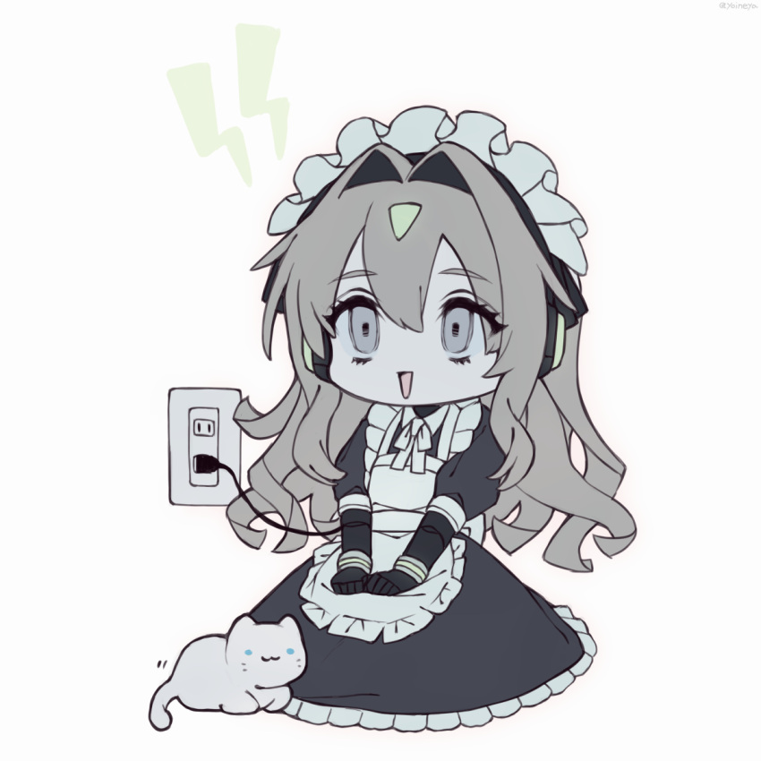 1girl, :d, android, apron, black_dress, cat, charger, chibi