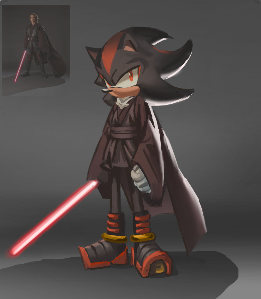 1boy, anakin_skywalker, anakin_skywalker_(cosplay), black_footwear, blonde_hair, boots, brown_robe, clenched_hand, commentary, cosplay, ectalexi, energy_sword, english_commentary, furry, furry_male, gloves, grey_background, highres, holding_lightsaber, lightsaber, long_sleeves, looking_at_viewer, red_eyes, red_light, reference_inset, reference_photo, robe, shadow, shadow_the_hedgehog, sonic_(series), standing, star_wars, sword, weapon, white_gloves, wide_sleeves