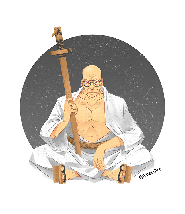 1boy, artist_name, bald, closed_mouth, commentary, english_commentary, ethan-baron_v._nusjuro, full_body, glasses, holding, holding_sword, holding_weapon, indian_style, japanese_clothes, katana, kimono, looking_at_viewer, male_focus, one_piece, round_eyewear, sandals, sitting, solo, sword, twitter_username, weapon, white_kimono, yueliart