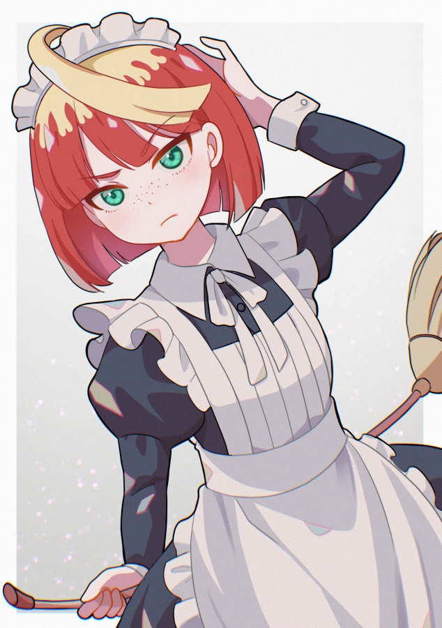 1girl, ahoge, apron, black_dress, blonde_hair, broom, closed_mouth, dress, freckles, green_eyes, holding, holding_broom, juliet_sleeves, long_sleeves, looking_at_viewer, maid, maid_apron, maid_headdress, mela_(pokemon), mizuiro123, multicolored_hair, pokemon, pokemon_sv, puffy_sleeves, redhead, short_hair, solo, two-tone_hair