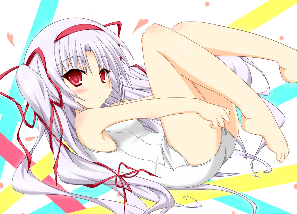 barefoot, legs_up, long_hair, micchan, momono_shiori, one-piece_swimsuit, red_eyes, ribbon