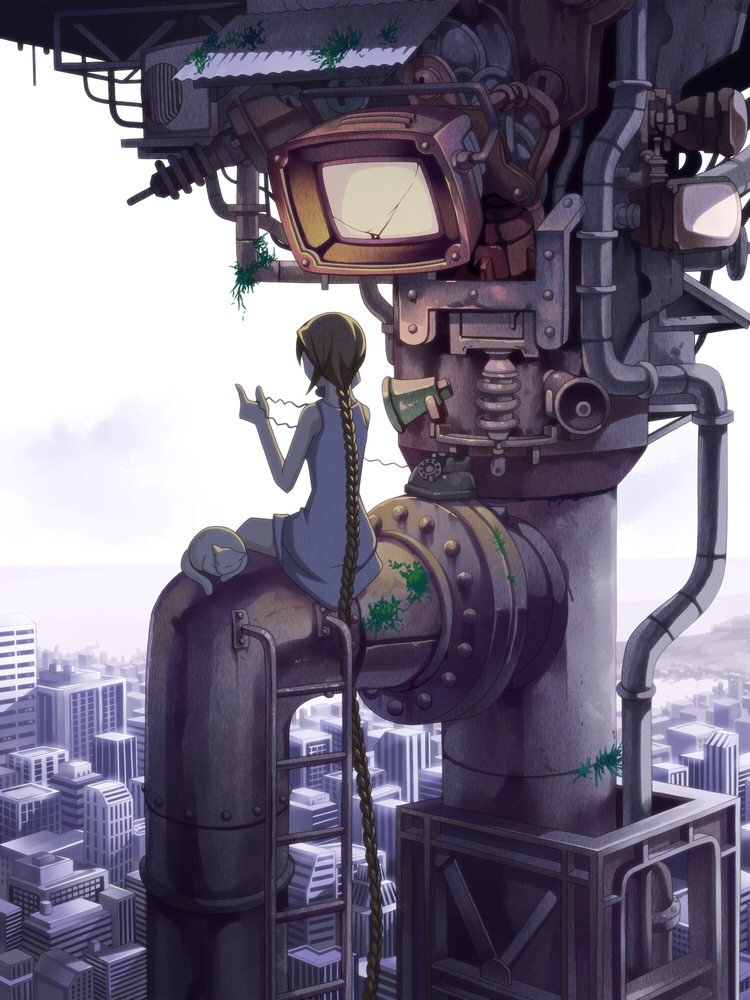 brown_hair, cat, city, grimm's_fairy_tales, long_hair, monitor, phone, rapunzel