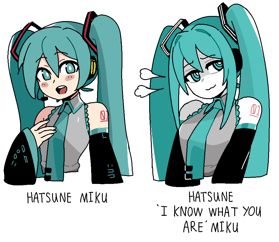 1girl, :3, alternate_skin_color, aqua_eyes, aqua_hair, aqua_necktie, black_sleeves, blush_stickers