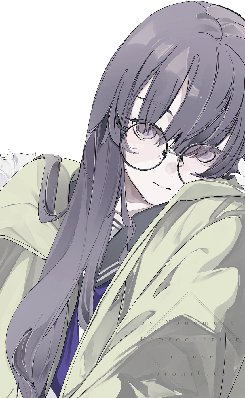 1girl, :|, black-framed_eyewear, black_eyes, black_hair, black_sailor_collar, closed_mouth, dot_nose