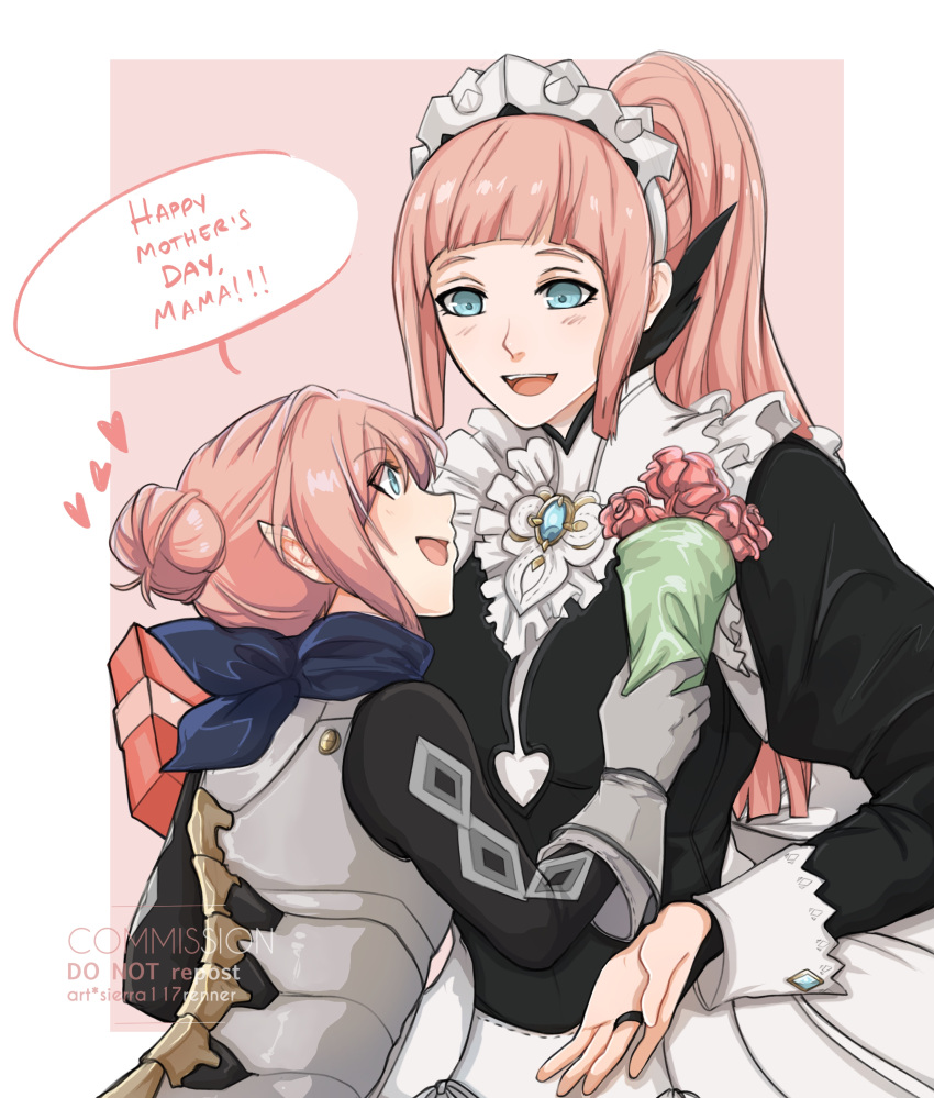 2girls, absurdres, black_dress, blue_eyes, closed_mouth, commission, dress, english_commentary, english_text, felicia_(fire_emblem), fire_emblem, fire_emblem_fates, flower, hair_bun, heart, highres, juliet_sleeves, kana_(female)_(fire_emblem), kana_(fire_emblem), long_sleeves, looking_at_another, maid, maid_headdress, mother's_day, mother_and_daughter, multiple_girls, open_mouth, pink_flower, pink_hair, pointy_ears, ponytail, puffy_sleeves, sierra117renner, smile, speech_bubble