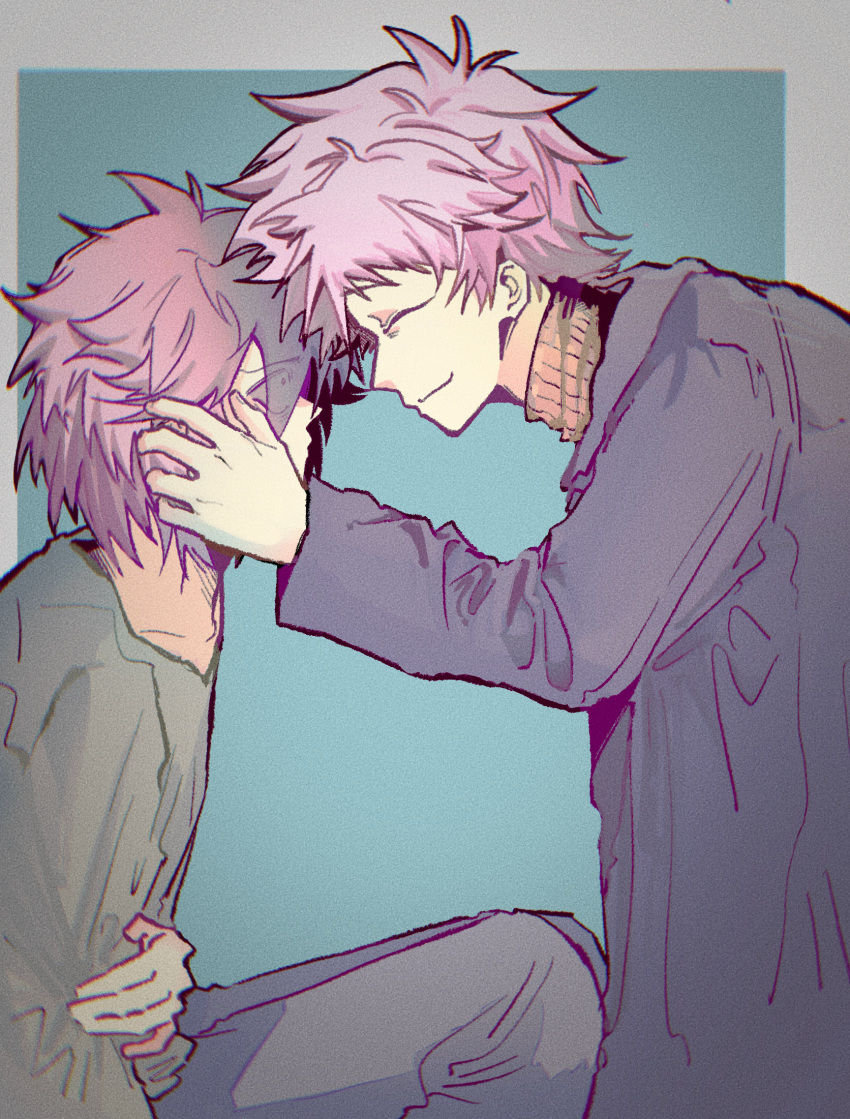 2boys, atou_haruki, black_coat, black_hair, brown_sweater, chinese_commentary, closed_eyes, closed_mouth