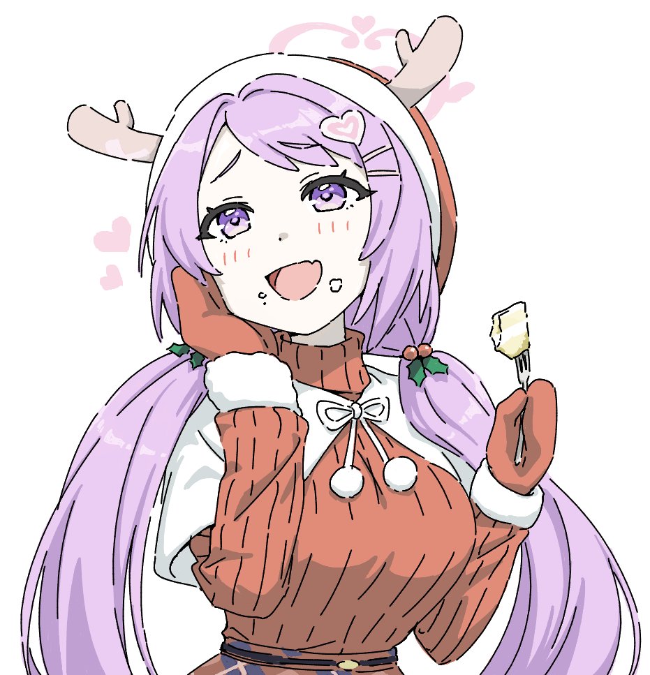 1girl, blue_archive, blush, breasts, brilliantko, capelet, fang, food