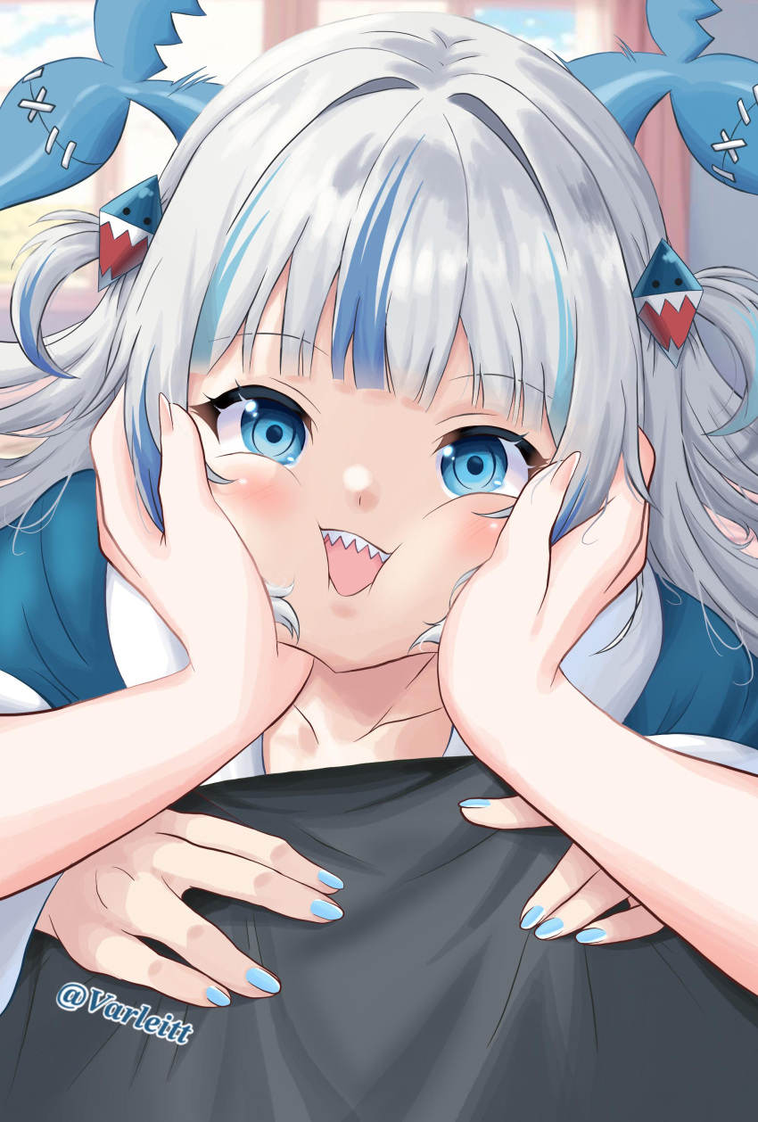 1girl, absurdres, afterimage, blue_eyes, blue_hair, blue_nails, blunt_bangs, blush