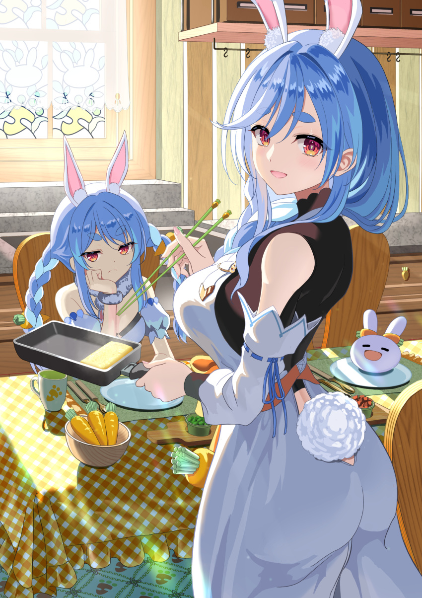 2girls, animal_ear_fluff, animal_ears, black_bodysuit, black_leotard, blue_hair, bodysuit, braid