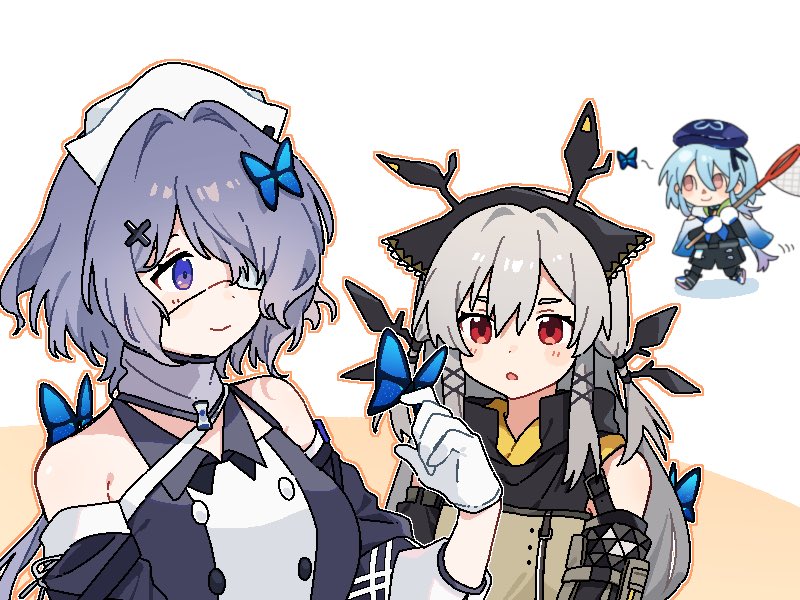 1boy, 2girls, animal_crossing_(style), arknights, bare_shoulders, beret, black_dress, black_shirt, blue_butterfly, blue_hair, brown_vest, bug, butterfly, butterfly_on_head, commentary, detached_sleeves, dress, eyepatch, gradient_cape, grey_hair, hair_over_one_eye, hat, holding_net, long_hair, looking_at_another, maguro_kan, medical_eyepatch, mizuki_(arknights), multiple_girls, nurse_cap, outline, parted_lips, pink_eyes, purple_hair, red_eyes, shirt, symbol-only_commentary, two-tone_background, vest, violet_eyes, walking, weedy_(arknights), whisperain_(arknights), white_background, yellow_background