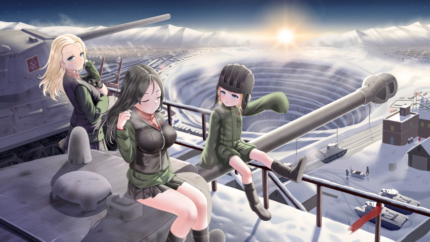 5girls, absurdres, aerosani, binoculars, black_footwear, black_hair, black_helmet, black_skirt