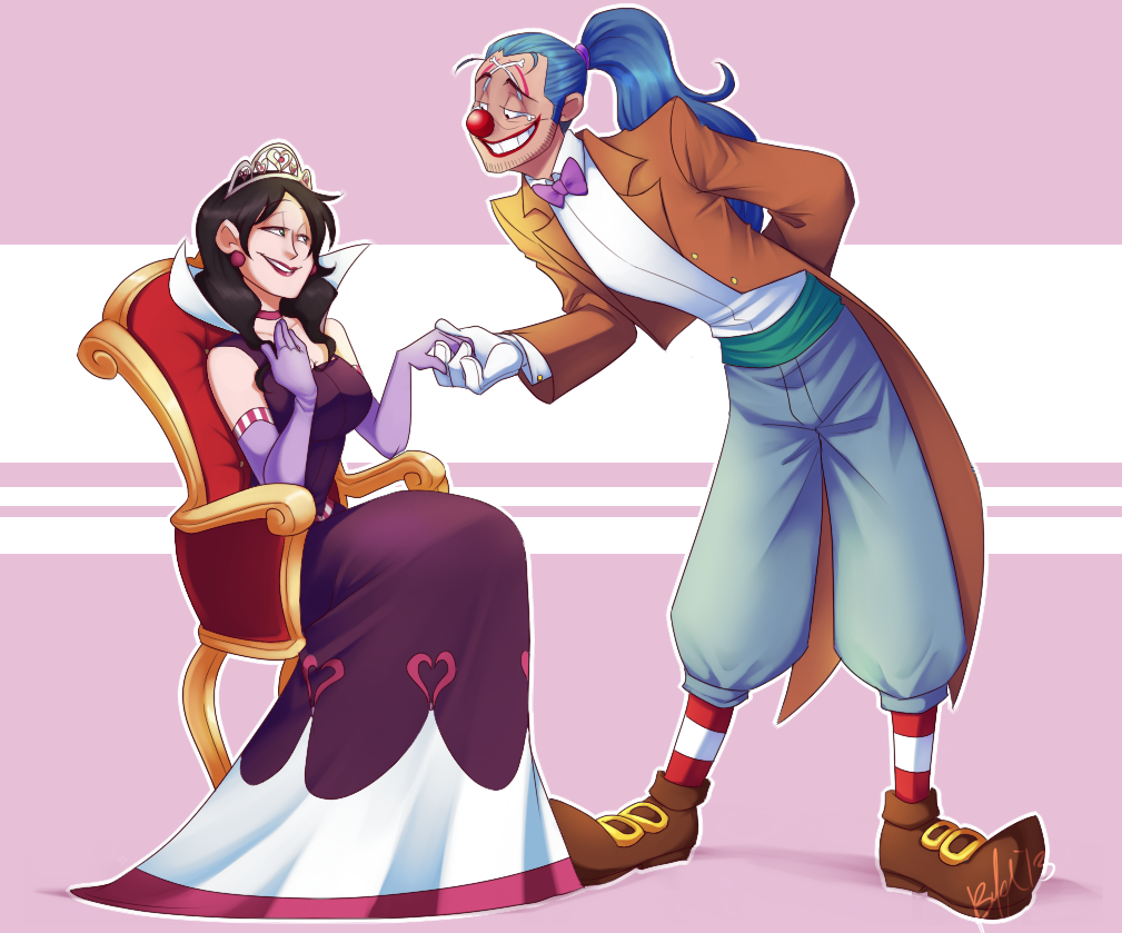 1boy, 1girl, alternate_costume, alvida_(one_piece), bechno_kid, black_eyes, black_hair, blue_hair, bow, bowtie, buggy_the_clown, clown_nose, commentary, earrings, elbow_gloves, english_commentary, facepaint, facial_hair, full_body, gloves, high_ponytail, jewelry, lips, lipstick, long_hair, makeup, one_piece, ponytail, purple_bow, purple_bowtie, red_lips, red_nose, smile, teeth, white_gloves