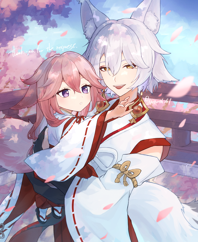 2girls, aged_down, animal_ears, cherry_blossoms, day, detached_sleeves, earrings, fox_ears