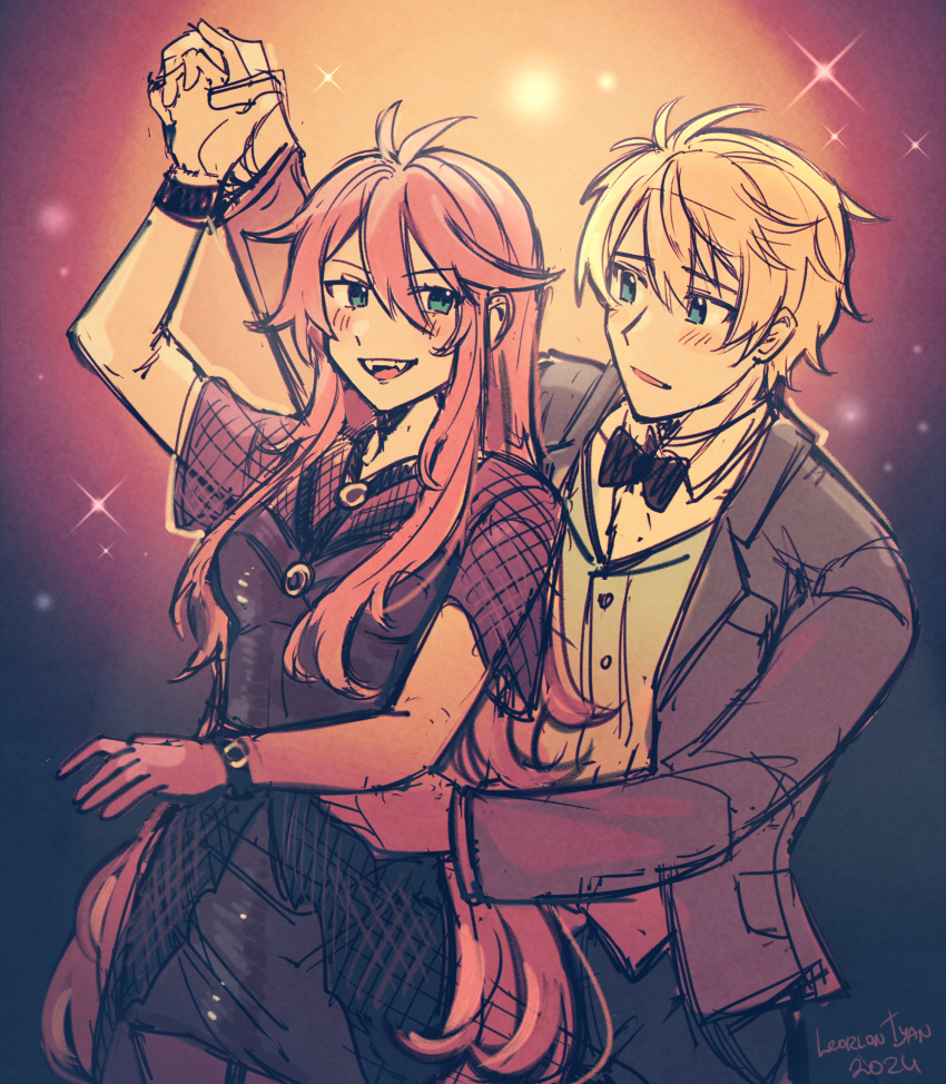 1boy, 1girl, absurdres, blonde_hair, blue_eyes, blush, bow, bowtie