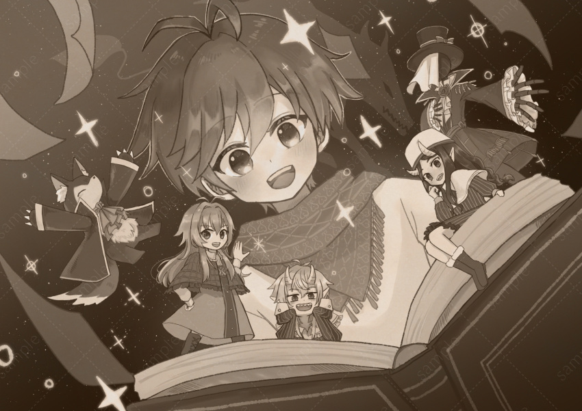 3girls, 4boys, amarant_(claroscuro), anya_(claroscuro), bellamy_(claroscuro), book, boots, braid