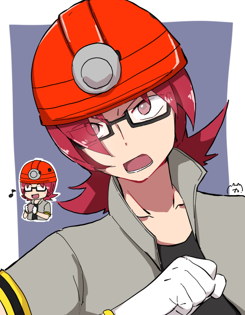 1boy, chibi, chibi_inset, gloves, grey_jacket, hard_hat, helmet, highres, ilovecorgi, jacket, male_focus, musical_note, open_clothes, open_jacket, open_mouth, pokemon, pokemon_dppt, red_eyes, redhead, roark_(pokemon), solo, upper_body, white_gloves