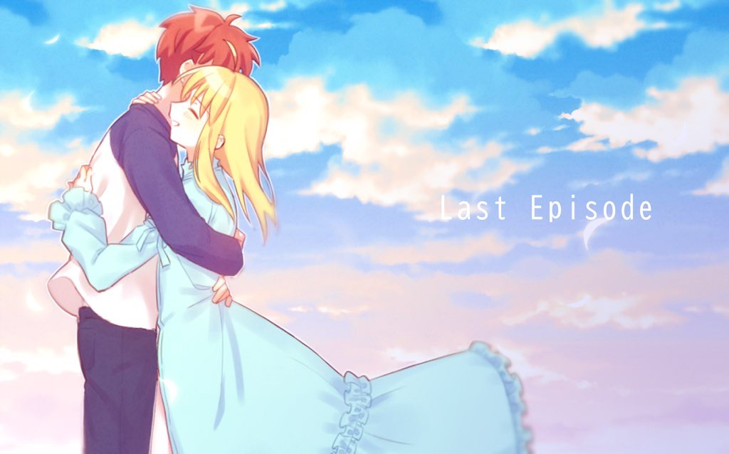 ahoge, artoria_pendragon_(fate), blonde_hair, blue_dress, blue_sky, closed_eyes, clouds, couple, dress, dun_dudu, emiya_shirou, english_text, fate/stay_night, fate_(series), hug, medium_hair, open_mouth, orange_hair, outdoors, raglan_sleeves, saber_(fate), sky