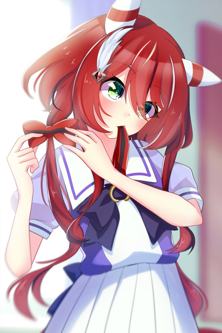 1girl, absurdres, adjusting_hair, animal_ears, blurry, blurry_background, commentary_request, green_eyes
