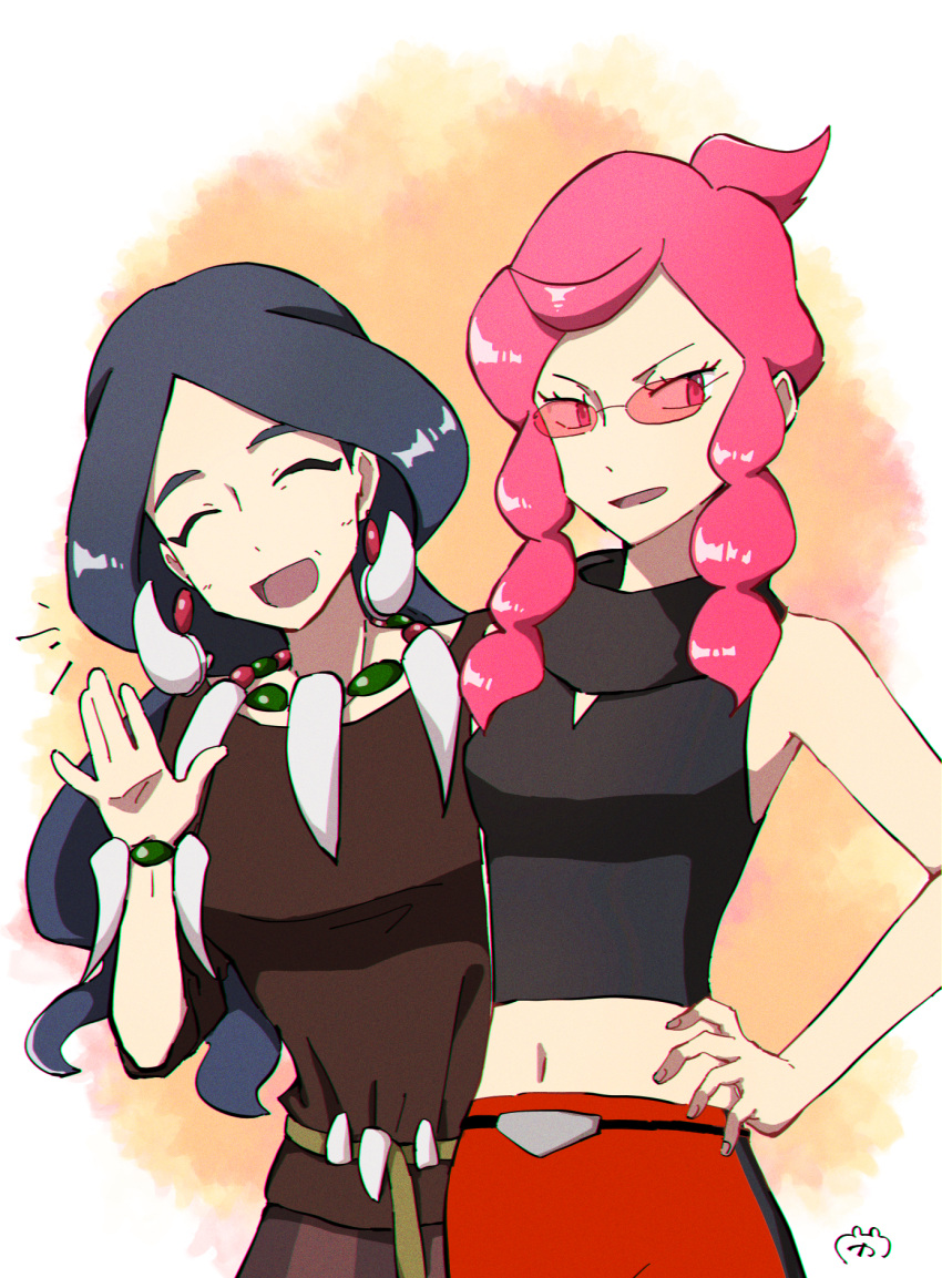 2girls, black_hair, closed_eyes, drasna_(pokemon), hand_on_own_hip, highres, ilovecorgi, jewelry