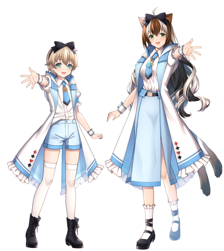 2girls, :d, absurdres, ahoge, animal_ears, ankle_boots, ankle_ribbon, ankle_socks, annno_ans, black_bow, black_footwear, black_ribbon, blonde_hair, blue_eyes, blue_necktie, blue_shorts, blue_skirt, boots, bow, brown_hair, brown_tail, cat_ears, cat_tail, club_(shape), coat, collared_shirt, cross-laced_footwear, diamond_(shape), frilled_sleeves, frilled_socks, frills, full_body, green_eyes, hair_bow, heart, highres, hood, hooded_coat, lace-up_boots, leg_ribbon, legs_apart, long_hair, looking_at_viewer, mary_janes, matane_tano, medium_skirt, multicolored_hair, multiple_girls, multiple_tails, necktie, nekoma_eko, nekomata, official_art, open_clothes, open_coat, open_hand, outstretched_arm, outstretched_hand, overcoat, puffy_short_sleeves, puffy_sleeves, reaching, reaching_towards_viewer, ribbon, shirt, shirt_tucked_in, shoes, short_hair, short_shorts, short_sleeves, shorts, skirt, smile, socks, spade_(shape), standing, star_(symbol), star_in_eye, streaked_hair, symbol_in_eye, tachi-e, tail, thigh-highs, toki_production, transparent_background, two_tails, virtual_youtuber, white_coat, white_shirt, white_thighhighs, wrist_cuffs