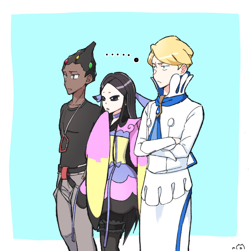 ..., 1girl, 2boys, ascot, black_hair, black_shirt, blonde_hair, blue_ascot