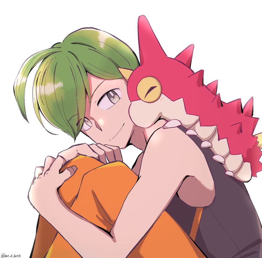 1boy, aaron_(pokemon), ahoge, green_hair, highres, horns, hugging_own_legs, ilovecorgi
