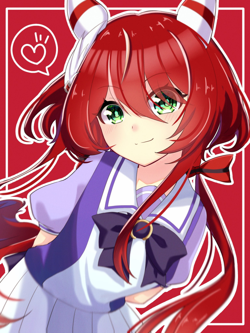 1girl, animal_ears, arms_behind_back, blush, breasts, closed_mouth, commentary_request, green_eyes, heart, highres, horse_ears, horse_girl, looking_at_viewer, low_twintails, meineko_lui, red_background, redhead, ribbon, school_uniform, simple_background, small_breasts, smile, solo, spoken_heart, tracen_school_uniform, twintails, umamusume, win_variation_(umamusume)