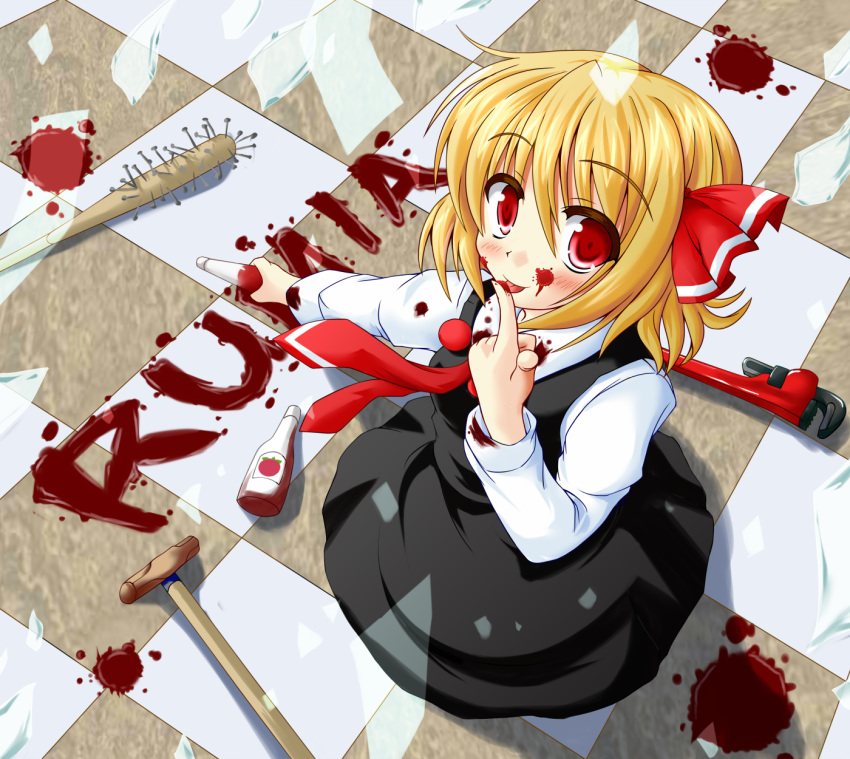 baseball_bat, blonde_hair, blush, broken_glass, character_name, club, dead_rising, dead_rising_2