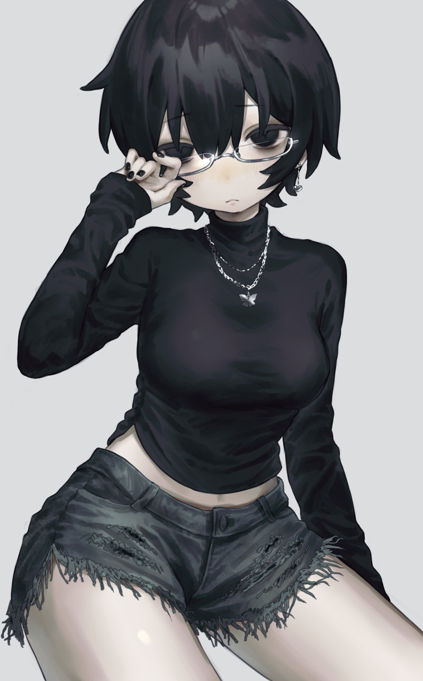 1girl, absurdres, black_eyes, black_hair, black_nails, breasts, closed_mouth, denim