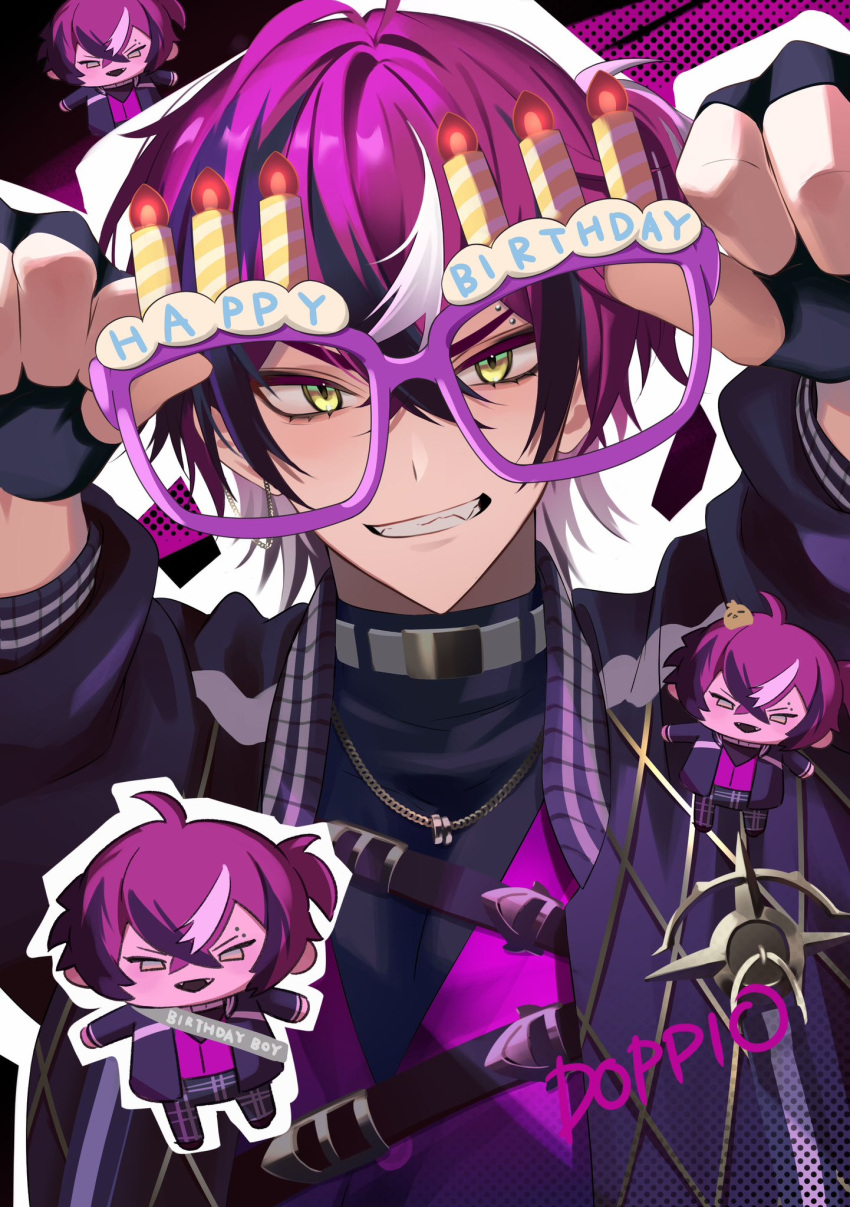 1boy, :d, animal_on_head, antenna_hair, arms_up, bird, bird_on_head, birthday