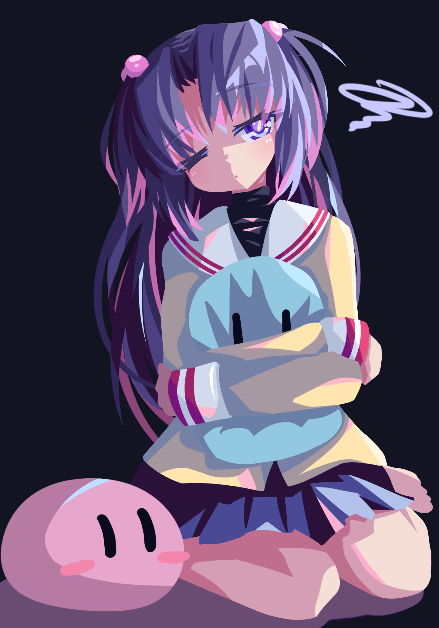 1girl, black_background, blue_eyes, blue_skirt, clannad, dango_daikazoku, evanhehehe, hair_bobbles