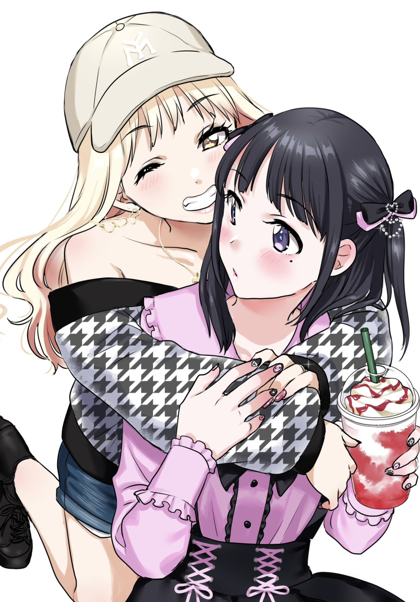 2girls, black_dress, black_hair, blonde_hair, blue_eyes, blush, bow, breasts, dress, frilled_sleeves, frills, goth_fashion, gothic_lolita, gyaru, highres, lolita_fashion, long_hair, long_sleeves, multiple_girls, open_mouth, original, ribbon, sato_(99yen_kin'itsu), skirt, smile, twintails, yuri