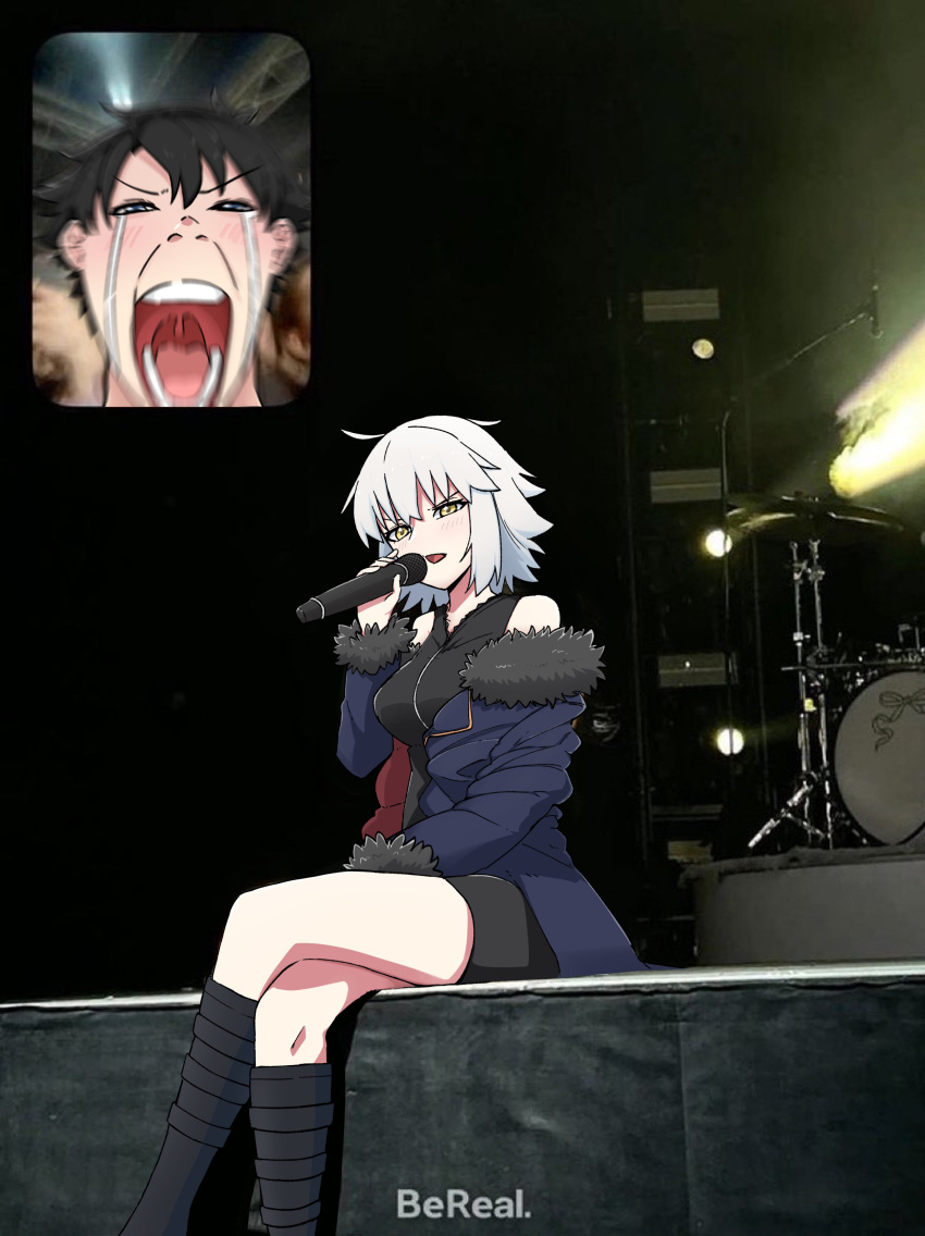 1boy, 1girl, absurdres, ahoge, bare_shoulders, black_dress, black_footwear, black_hair, blue_coat, blush, boots, closed_eyes, coat, commentary, crossed_legs, dress, drum, drum_set, english_text, fan_screaming_at_madison_beer_(meme), fate/grand_order, fate_(series), fujimaru_ritsuka_(male), fur-trimmed_coat, fur-trimmed_sleeves, fur_trim, grey_hair, highres, holding, holding_microphone, instrument, jeanne_d'arc_alter_(fate), jeanne_d'arc_alter_(ver._shinjuku_1999)_(fate), long_sleeves, looking_at_viewer, meme, microphone, music, nonoitou110, off_shoulder, official_alternate_costume, open_clothes, open_mouth, photo-referenced, photo_background, short_hair, singing, sitting, tears, teeth, yellow_eyes