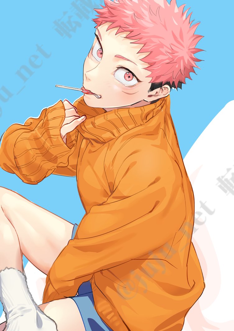 1boy, blue_background, blue_shorts, candy, food, food_in_mouth, itadori_yuuji, juju_net