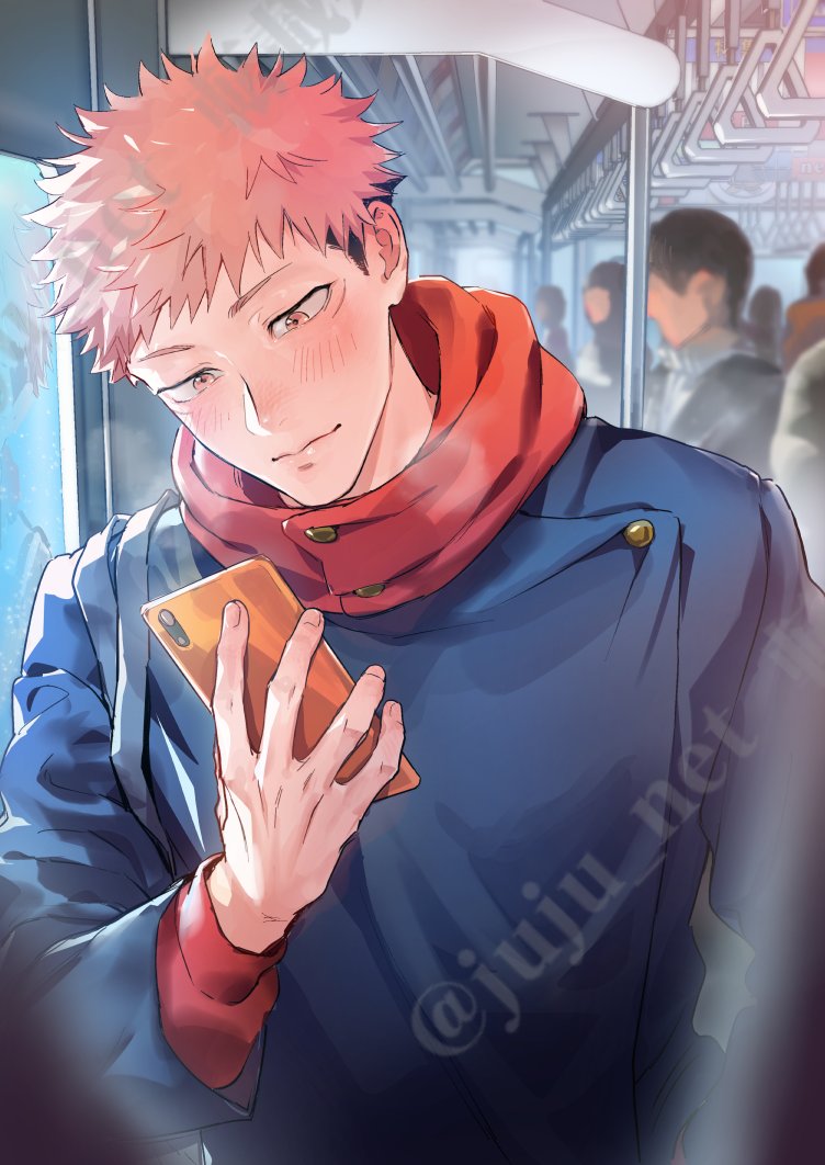 1boy, blurry, blurry_background, blush, closed_mouth, depth_of_field, holding, holding_phone