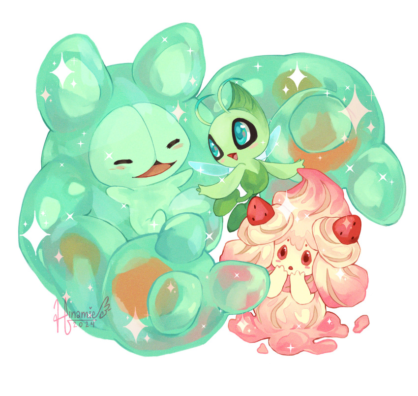 alcremie, alcremie_(vanilla_cream), antennae, artist_name, blue_eyes, blush, celebi, closed_eyes, dated, fairy_wings, food, fruit, highres, hinamie, no_humans, open_mouth, pokemon, pokemon_(creature), red_eyes, reuniclus, signature, simple_background, smile, strawberry, white_background, wings