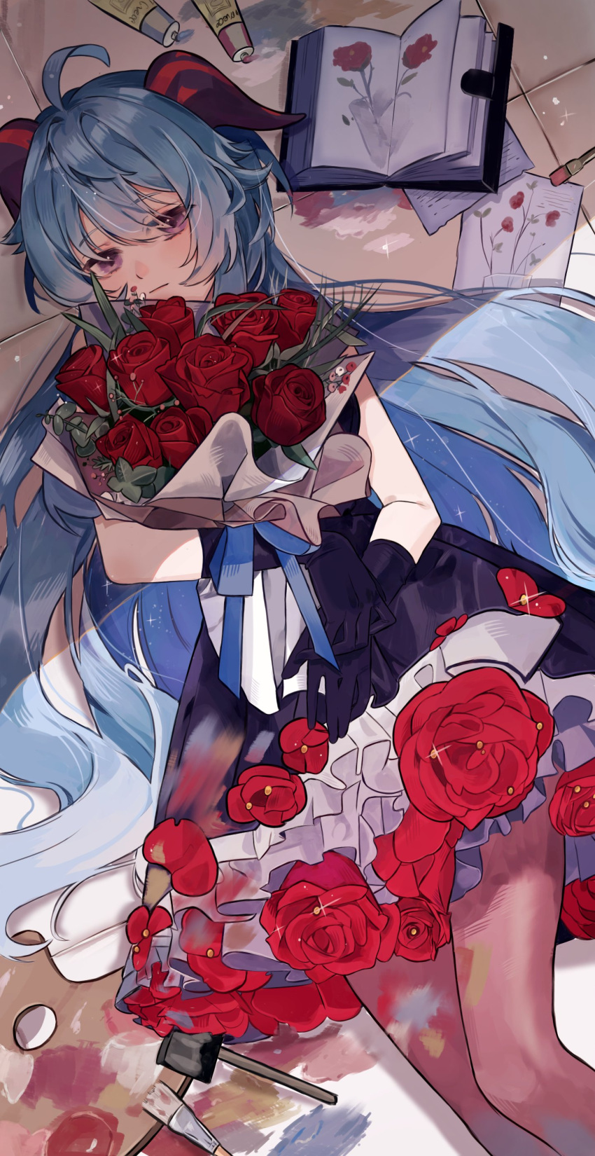 1girl, absurdres, ahoge, alternate_costume, black_dress, black_gloves, blue_hair, bouquet