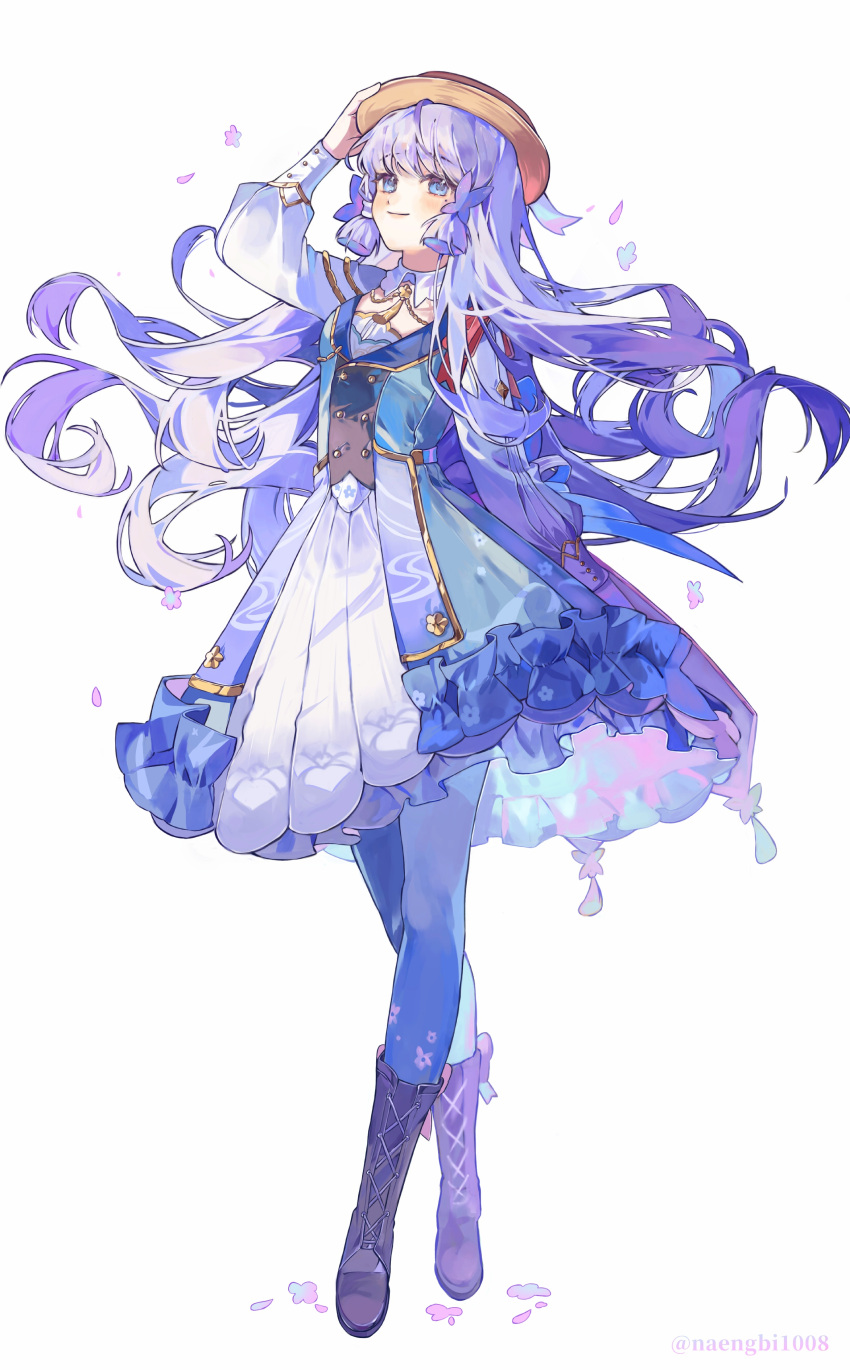 1girl, absurdres, alternate_hairstyle, arm_up, arms_behind_back, blue_dress, blue_eyes, blue_hair