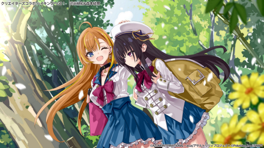 2girls, ;d, ahoge, arm_up, assault_lily, backpack, bag, beret