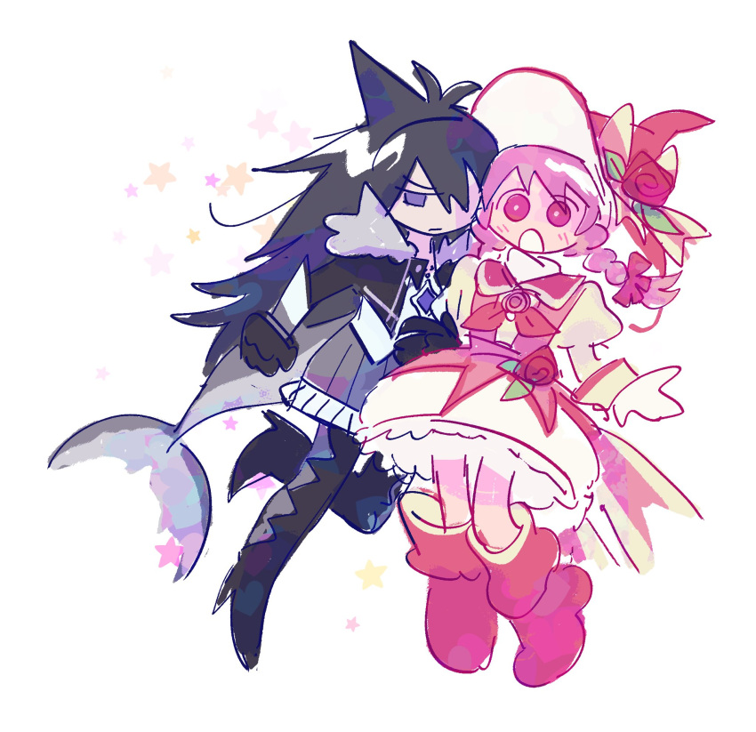 2girls, akemi_homura, alternate_costume, black_hair, bloomers, blush, boots, bow