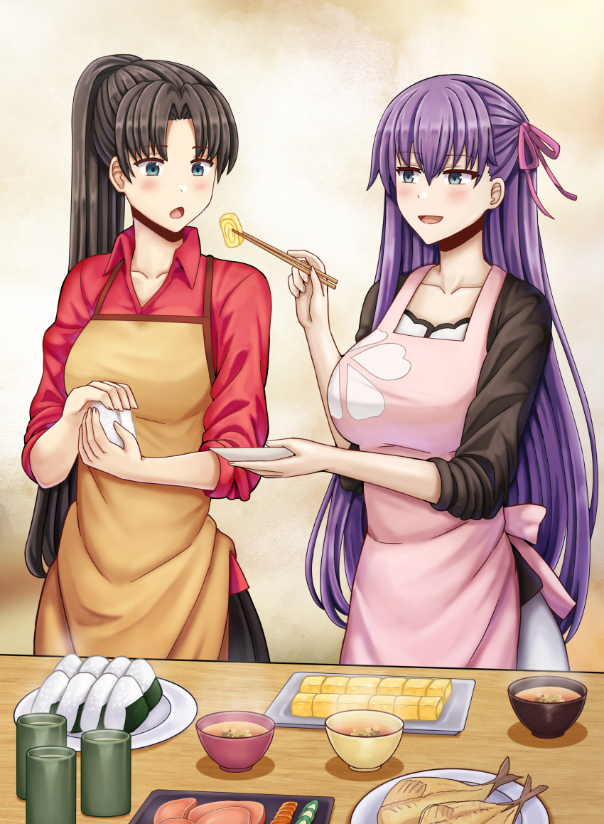 2girls, absurdres, apron, black_hair, black_shirt, blue_eyes, blush, bowl