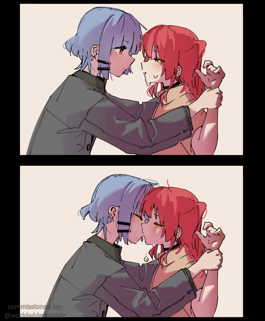 2girls, absurdres, alternate_costume, black_coat, blue_hair, blush, bocchi_the_rock!, choker